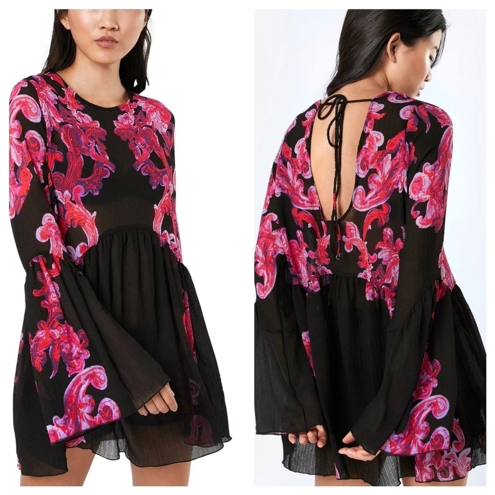 Free People Printed Symphony Smock Dress Sz S/P Black Red Floral Sheer Bohemian